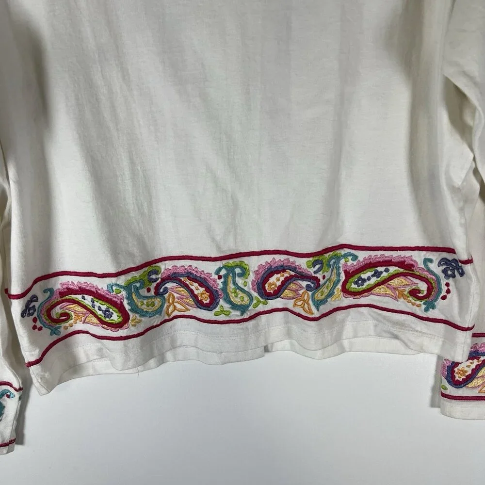 MICHAEL SIMON Vintage White Embroidered Paisley Longsleeve Cotton Cardigan Small